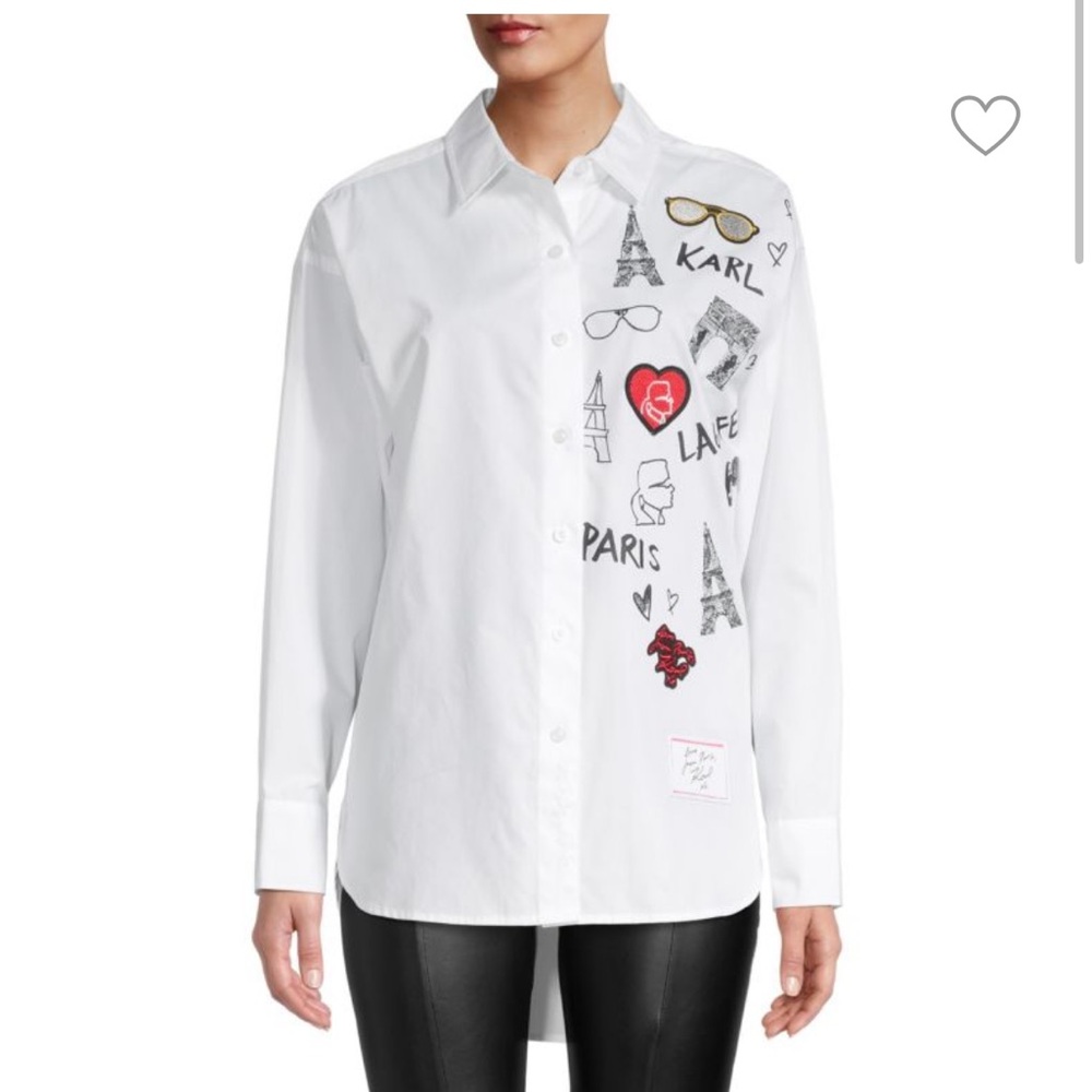KARL LAGERFELD Embroidered & Graphic Logo Shirt - White - XS